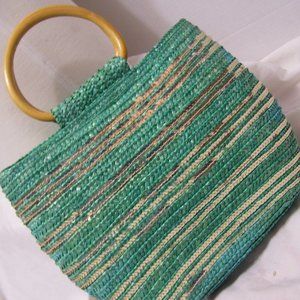 Fashion Straw Handbag Turquoise Gold Bling Accents NWOT